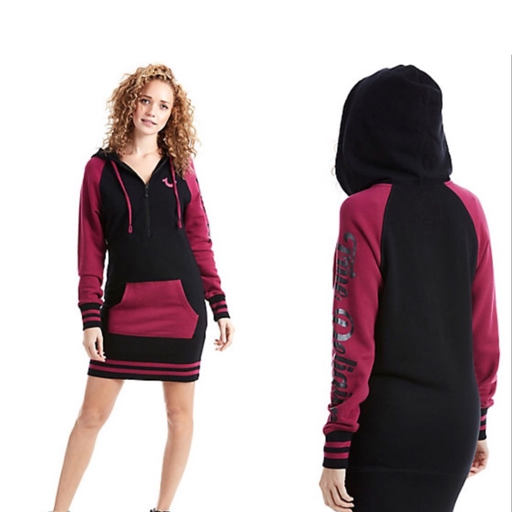 TRUE RELIGION Half zip Hoodie Dress, Black/ Purple Retail $159